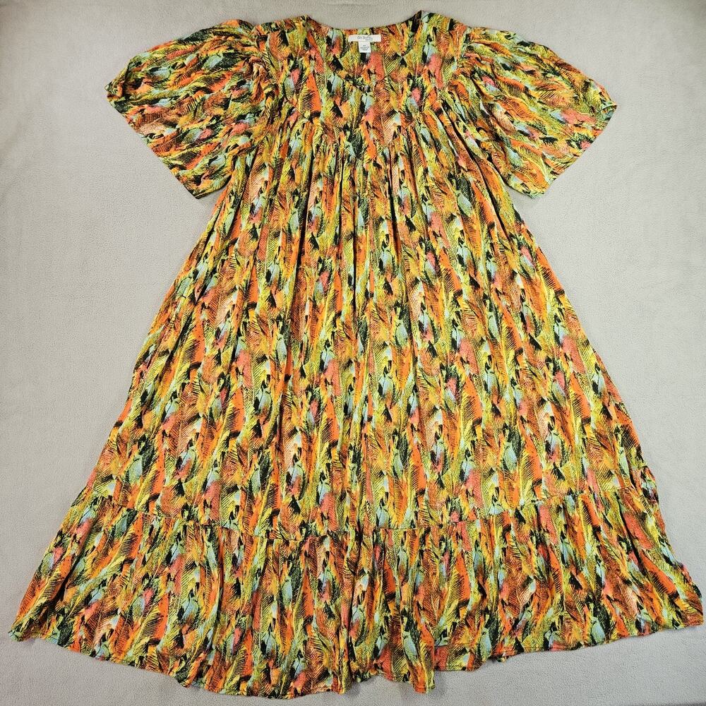 Go Softly Patio Dress Womens M House Muu Muu‎ Boho Pockets Feathers Lounge